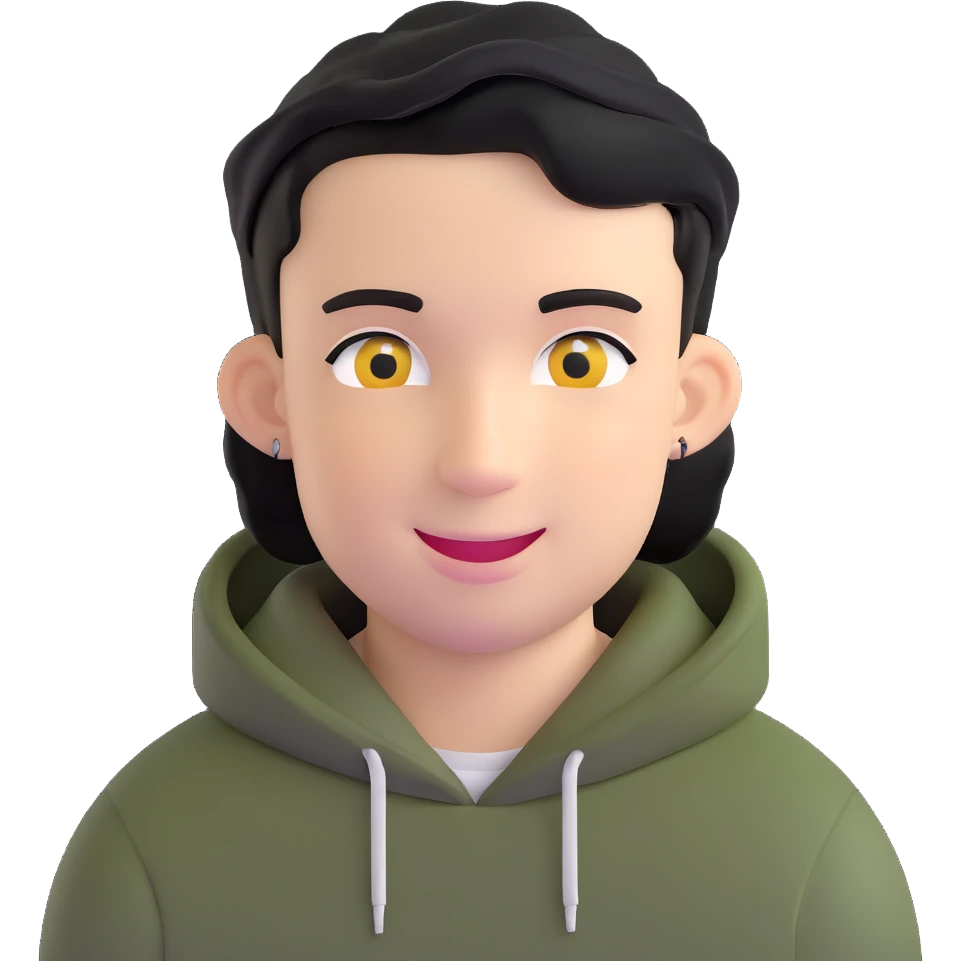 man with smiley face, black hair military cut, brown eyes, wearing 2 circle earrings and a black hoodie emoji