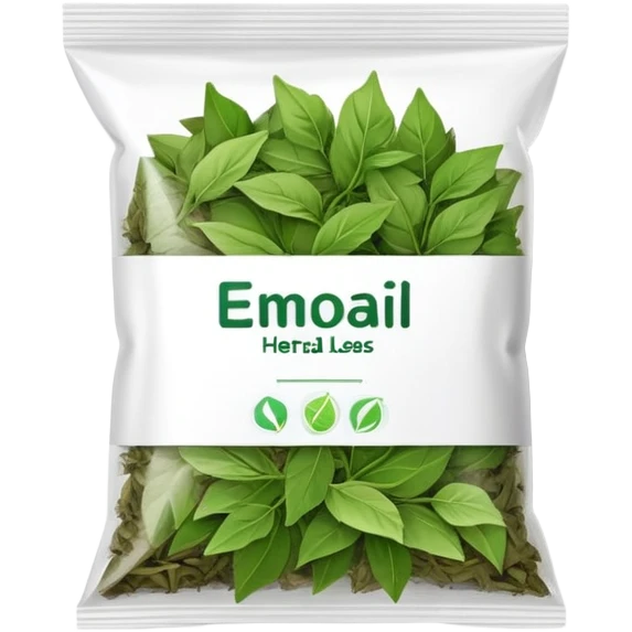 small plastic pack with green dried herbal leaves which are clumped together  emoji