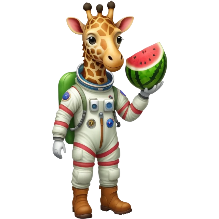 a round watermelon body with only the head of a giraffe sticking out, wearing brown boots and an astronaut helmet emoji