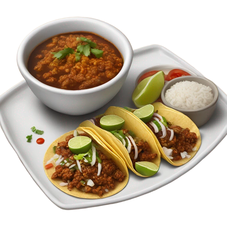 Birria tacos on a white plate with consome and rice on the side emoji