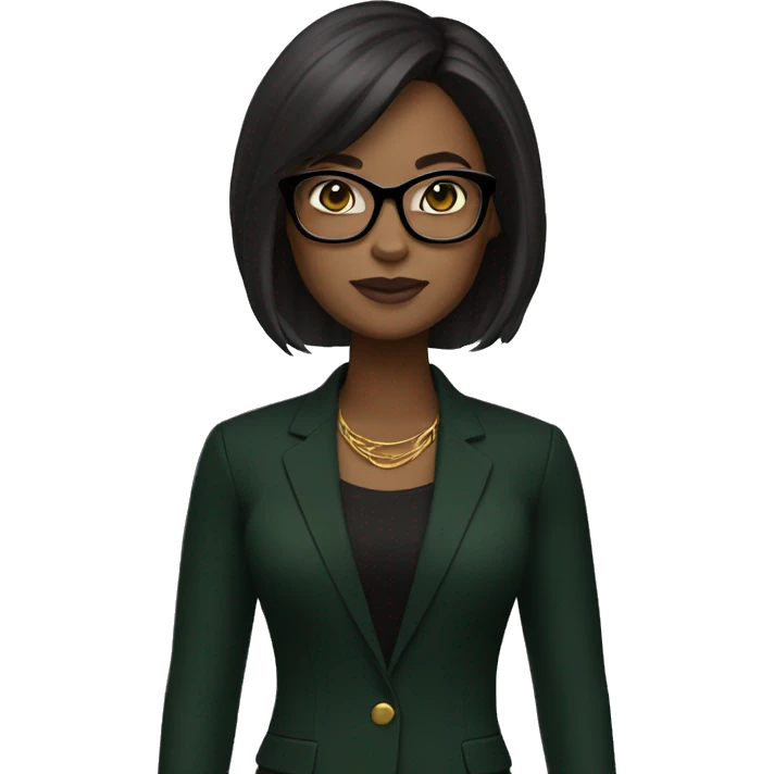 memoji, a woman with dark brown shoulder-length hair, wearing black glasses, dark skin,green and gold earrings, a black blazer over a black top emoji