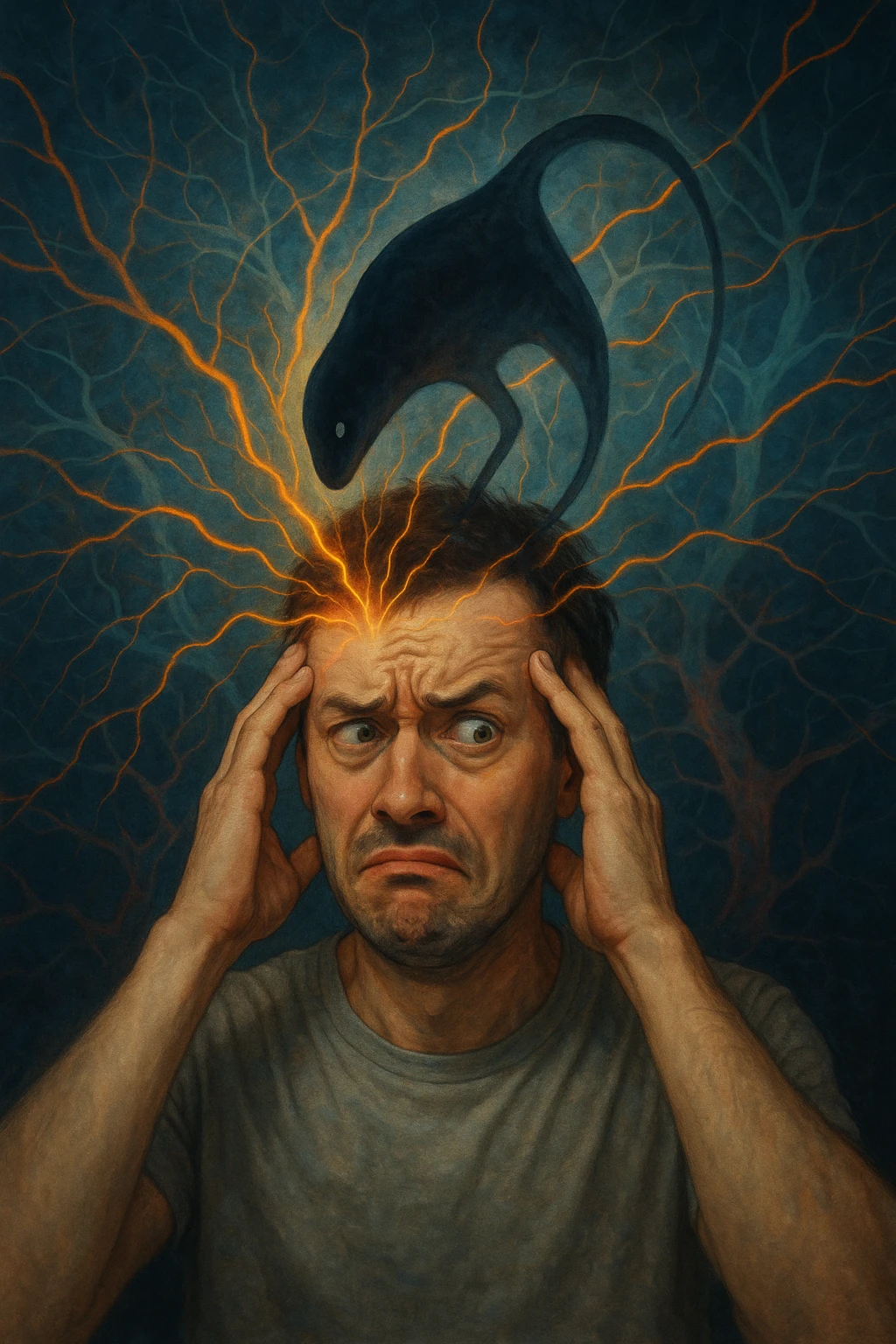 Uomo con espressione confusa e sbalzi emotivi visibili sul volto, in un ambiente surreale. Un'ombra astratta o un parassita trasparente (Toxoplasma gondii) si insinua nel cervello, con linee energetiche che influenzano le emozioni. Sfondo neurologico, atmosfera tesa, simbolismo mentale e parassitario. emoji