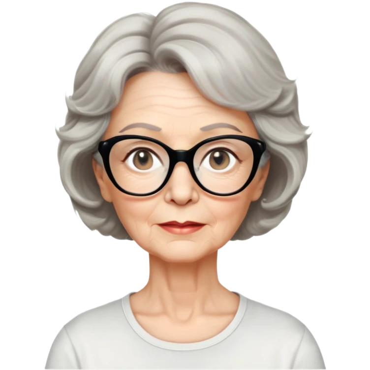 white older woman, about 65 years old, light warm skin, wide face, black wavy neck-length 80s short hair, low volume, neutral expression, large black shiny butterfly or cat-eye glasses, white casual t-shirt emoji