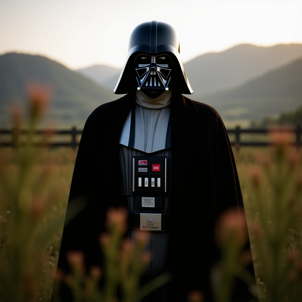 A portrait of a Darth vader in the foreground, blurred plants in the foreground (close to the camera), a wooden fence in the midground, rolling hills in the background, cinematic depth of field, layered composition, natural lighting emoji