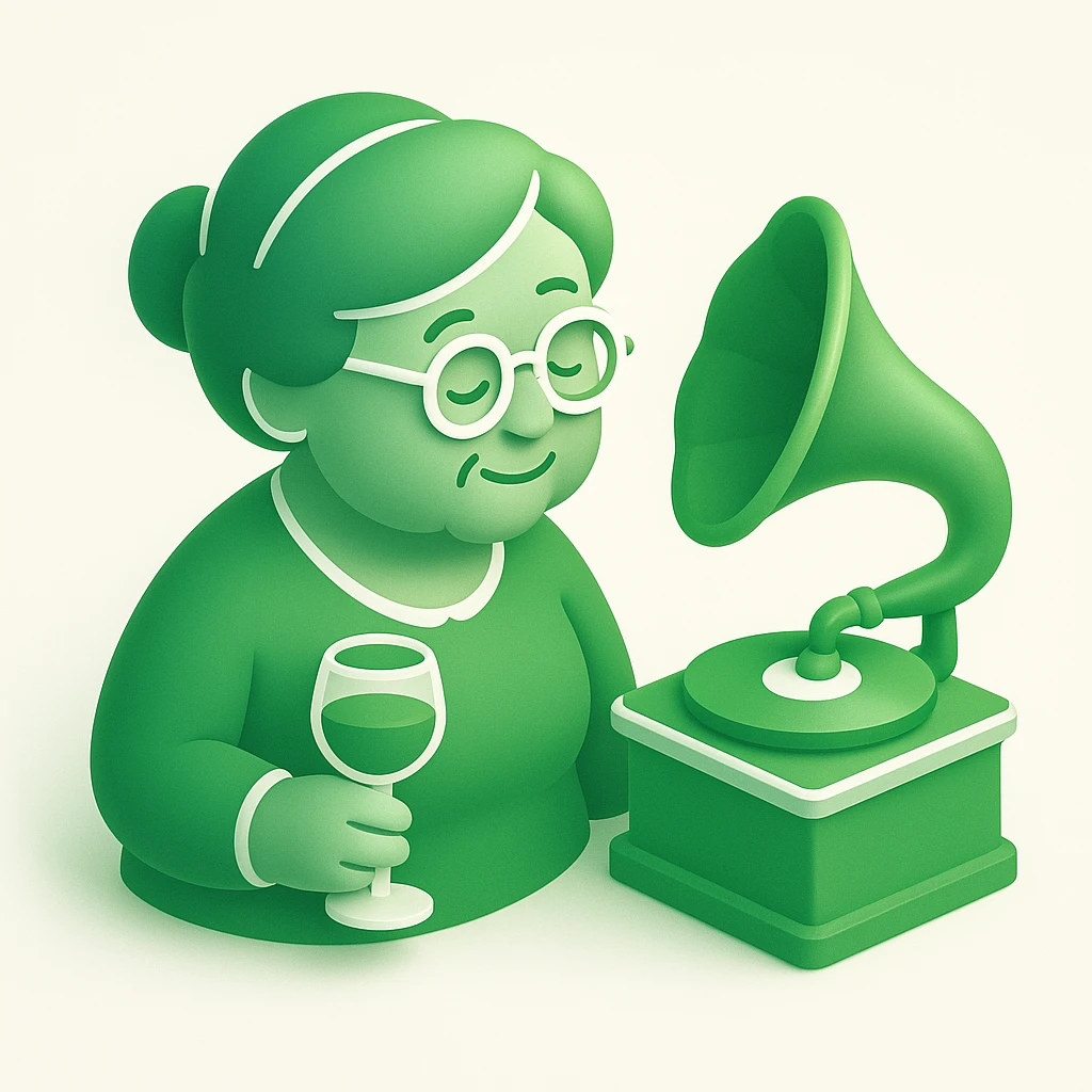 old lady with wineglass listening to gramophone emoji