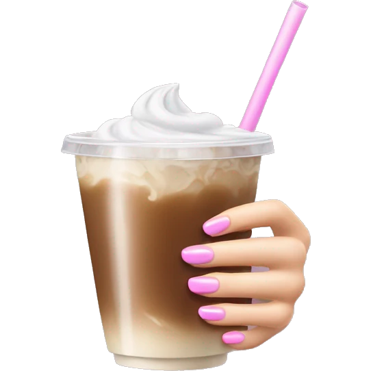 white left female hand with long pink nails clutching iced  coffee emoji