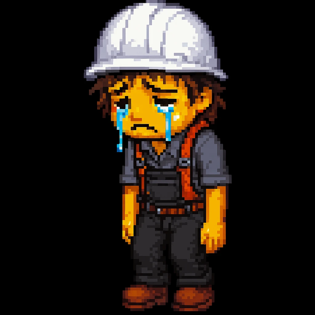 Make the sad construction worker look even sadder, with tears, slumped posture, and a gloomy expression in pixel-art style emoji