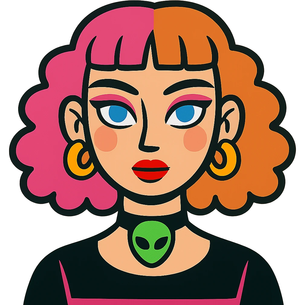 girl with blue eyes, pink makeup, narrow eyebrows, earrings, green alien head choker, black and pink blouse, curly hair to shoulders, hair half hot pink and half ginger, short straight baby bangs emoji