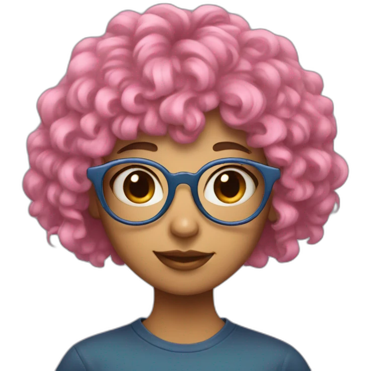 girl with curly blue hair and bangs and skinny pink round glasses emoji