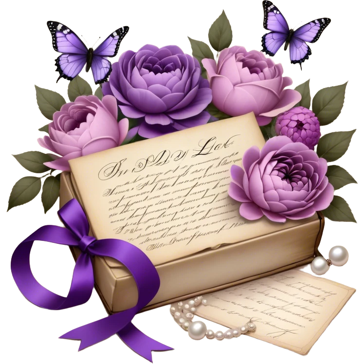An antique love letter bundle, bound delicately with a purple silk ribbon, rests beside an arrangement of dried blush violet roses, lilac peonies, and soft purple dahlias, while a silver butterfly brooch adorned with pearls seems to pause, captivated by the deep violet inked calligraphy flowing across the aged parchment. emoji