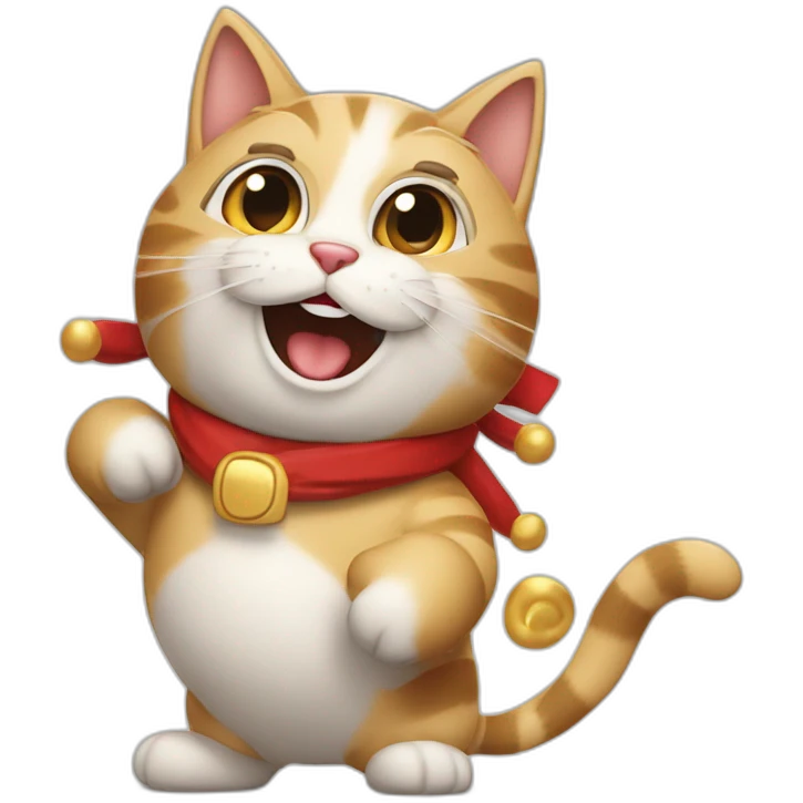 Gato disfrasado de santa claus, gordo y feliz, bailando emoji