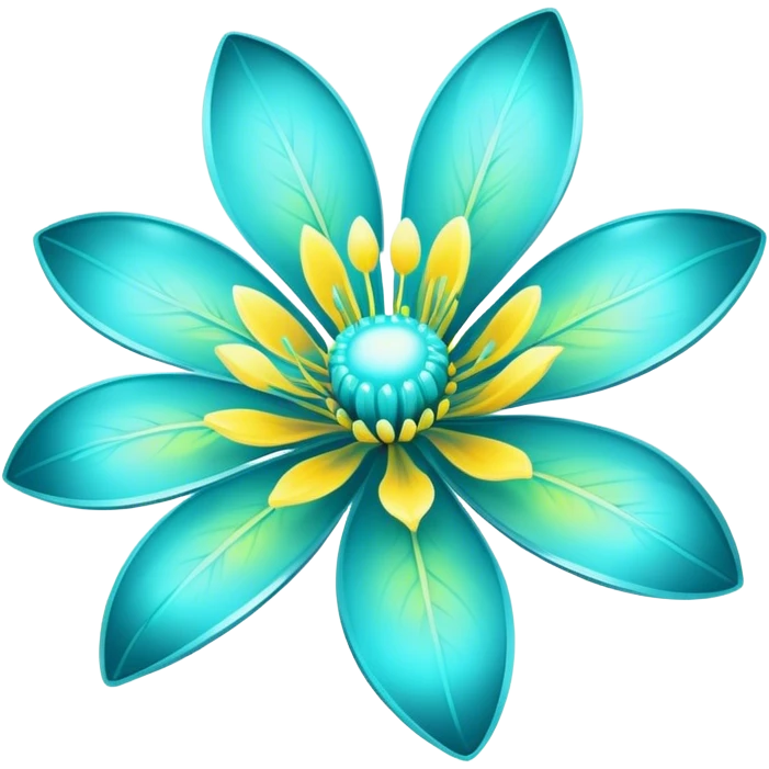 Pastel black and cyan iridescent transparent bio-luminescent flower with yellow accents emoji