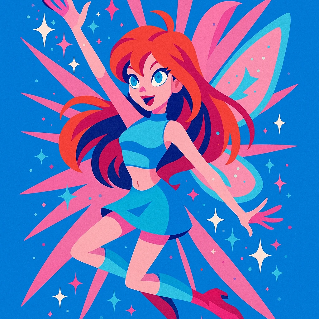 Winx Club Bloom, magical transformation, sparkling effects, blue and pink color palette, dynamic pose emoji