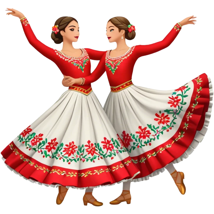 Cinematic Realistic scene of two dancers performing the Tarantella, dressed in vibrant, flowing traditional costumes with detailed embroidery and dynamic skirts, captured in festive motion with warm, lively lighting emoji