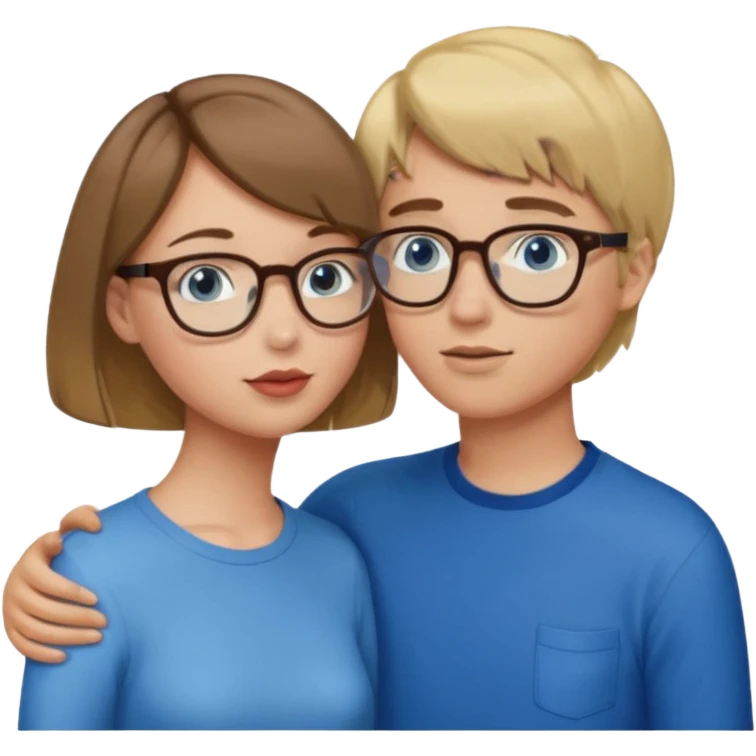 una ragazza con il caschetto marrone che bacia un ragazzo con i capelli biondi gli occhiali da vista e gli occhi azzurri emoji