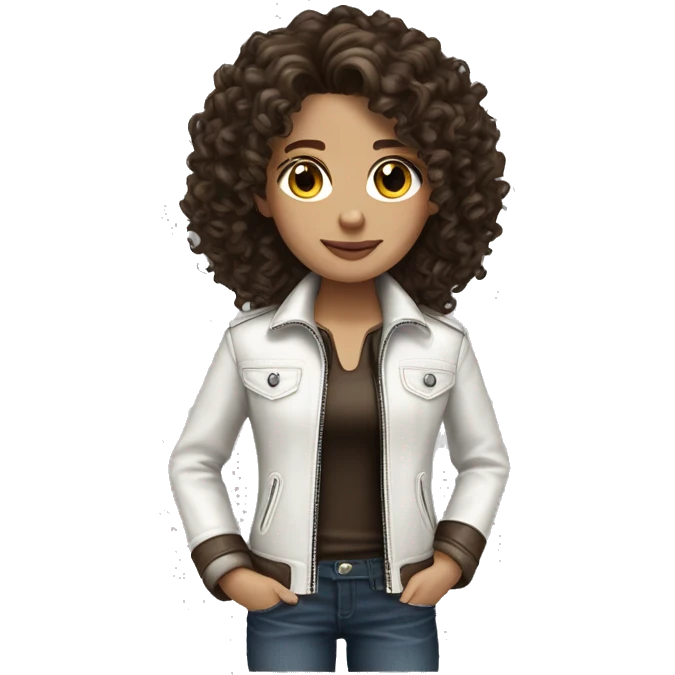 Curly dark brown hair medium length white skin leather jacket emoji