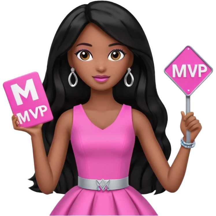 Black barbie, long black  hair, pink dress holding mvp sign  emoji