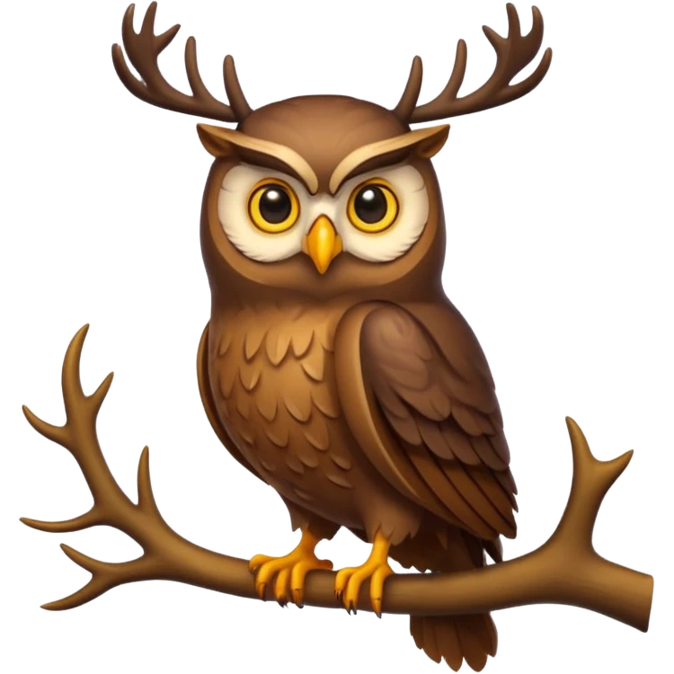 Emoji chouette  brun clair, yeux jaunes brillants, bec recourbé, sagesse et puissance, perchée sur un cerf emoji