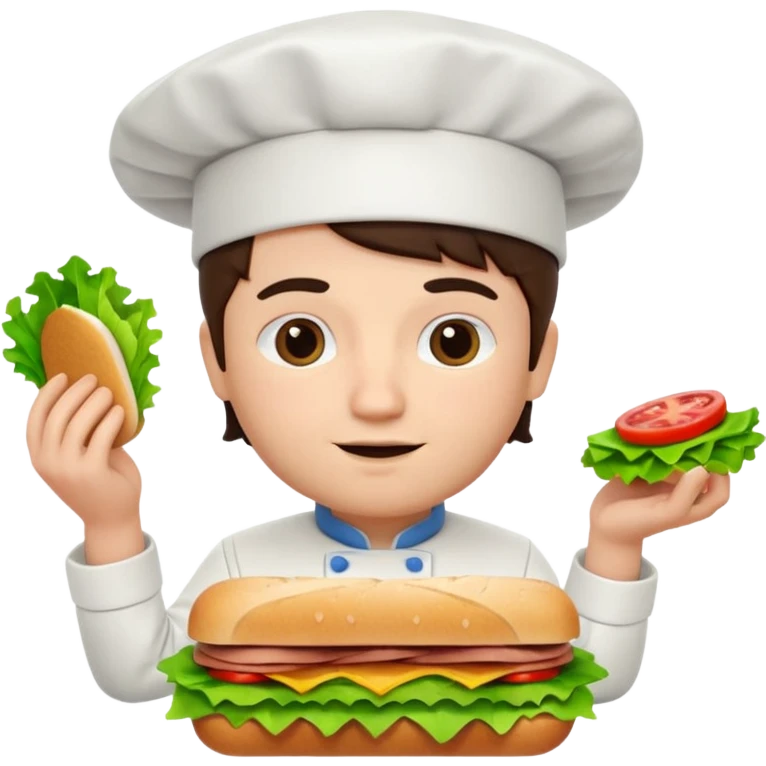 A 3D cartoon chef assembling a fresh sandwich with lettuce and meat, clean kitchen background, Memoji-style. emoji
