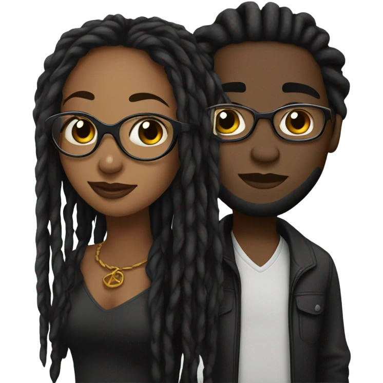 black couple with locs, dark skin with long black locs, light skin with glasses and BLACK locs tied up kissing emoji
