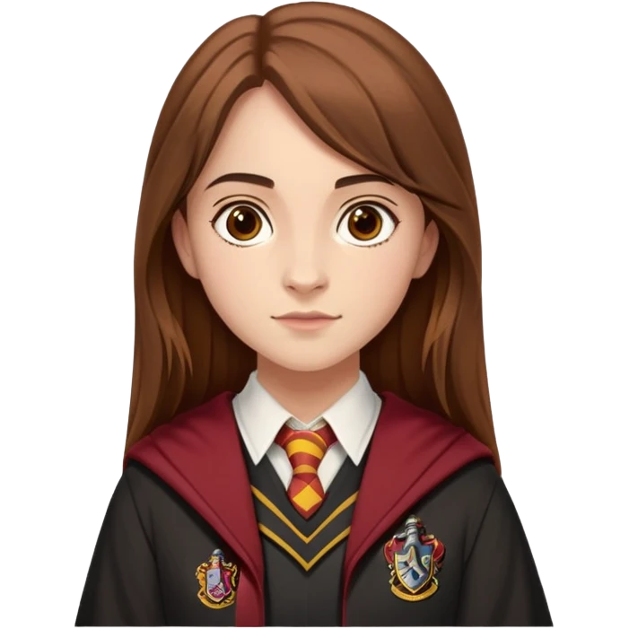 Georgina Leonidas is Katie Bell in harry potter, wear hogwarts gryfindor uniform, medium-to-long, straight brown hair, a practical and natural look, light skin emoji