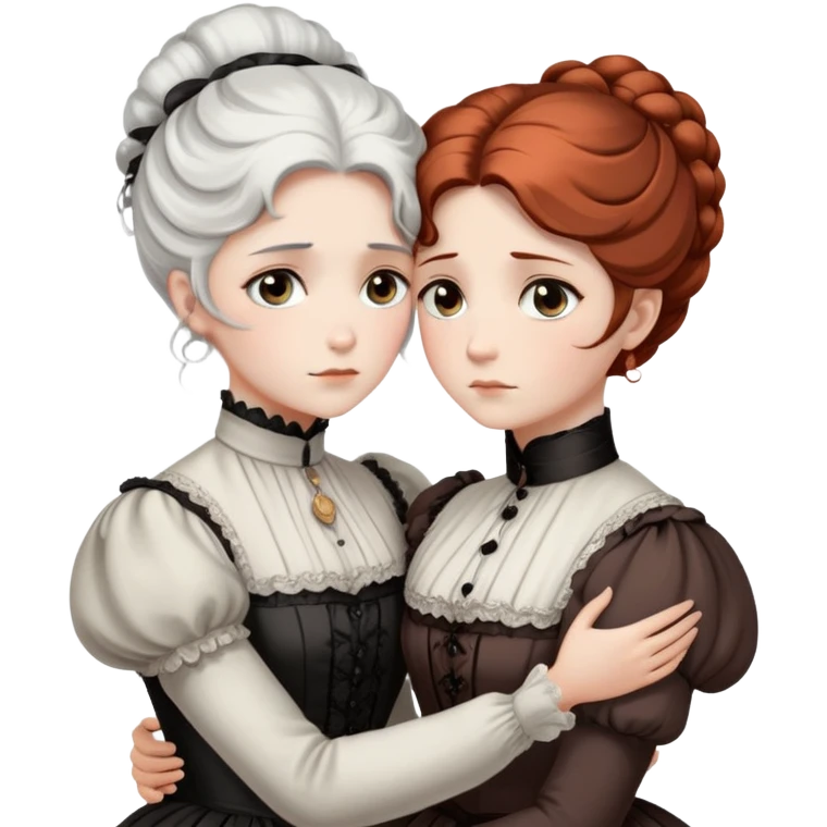 Two Victorian women with grey eyes in a sad, intimate hug. One has bright white coiffed hair, the other has dark copper coiffed hair. Both wearing Victorian high-neck dresses and embracing tightly. emoji