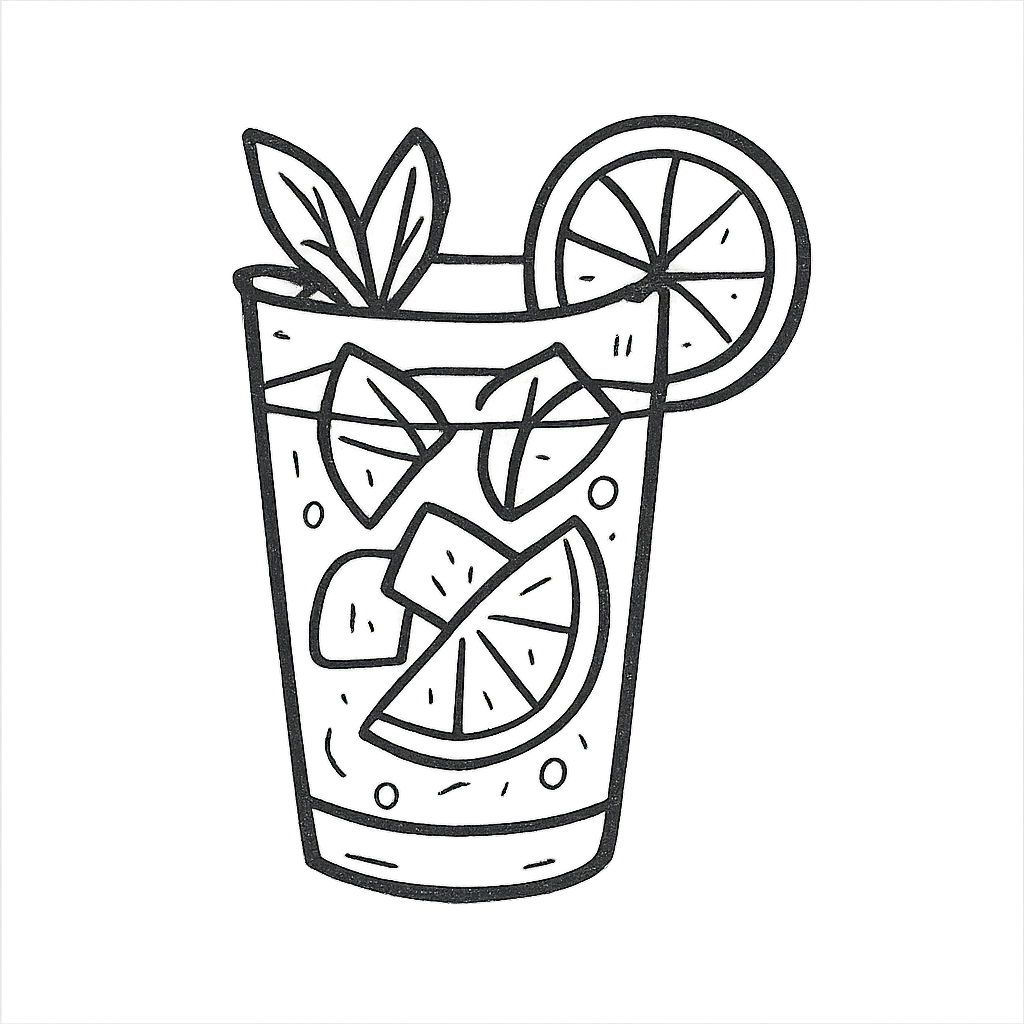 mojito in a glass with mint leaves and lime, refreshing and detailed, hand-drawn style emoji