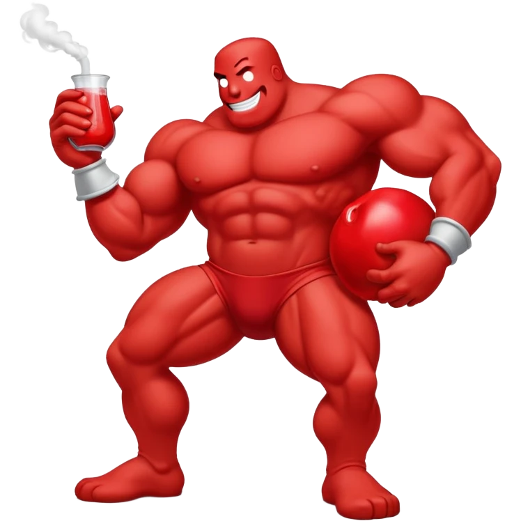 Red pitcher Kool-Aid man character with muscular legs smoking a bong emoji