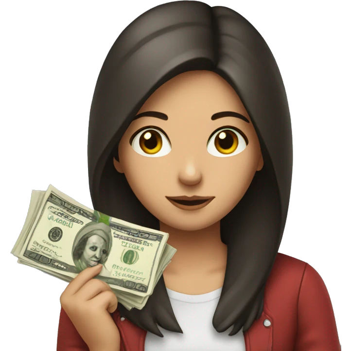brunette girl holding money in face emoji