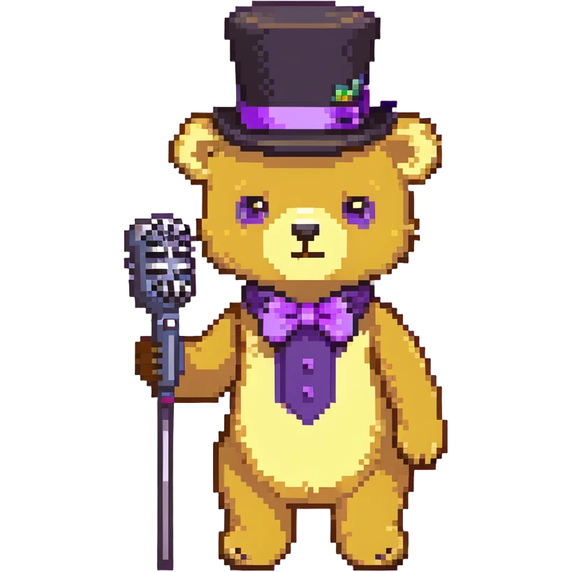 yellow bear plushy with a purple top hat and a mic emoji