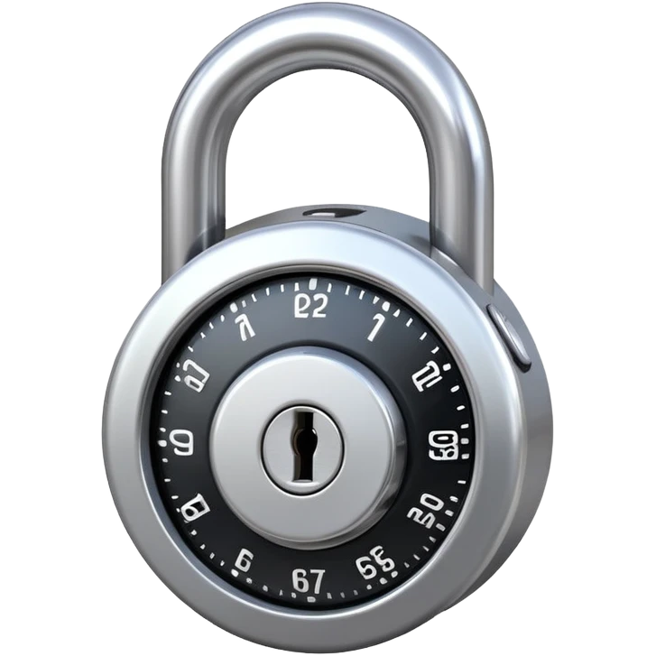 Shiny round metallic combination lock with rotating numbered dial at the center and a curved heavy shackle on top – symbol of security, access control, and protection emoji