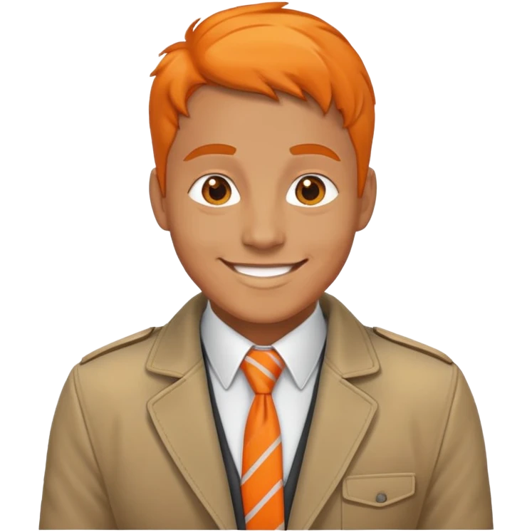 Smiling man with jacket and tie and a bright orange lanyard emoji