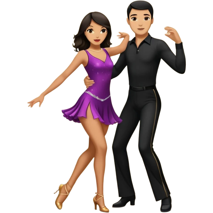 Photorealistic dancesport professional latin couple dancing the cha cha cha at the competition dancefloor, the women is in skinny short sparkly dress, the man is in black shirt and black classic pants, the women has brown long hair, the man has short black hair  emoji