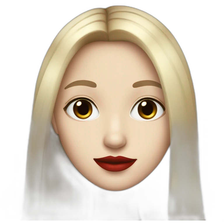 straight long hair,red lipstick,black eyes, white skin and a small nose emoji