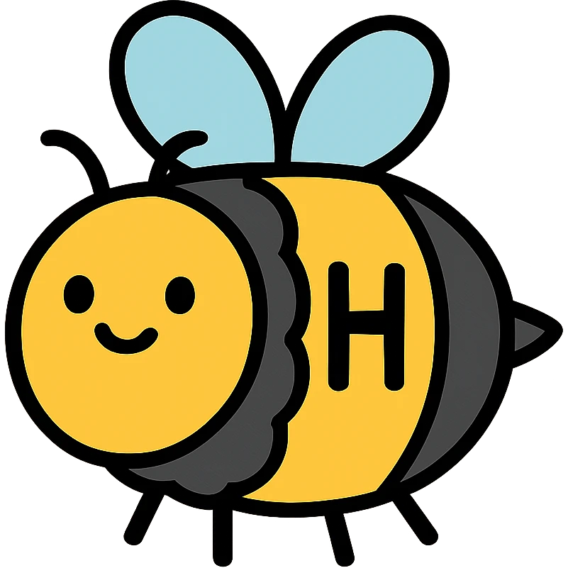 cartoonish bumblebee with the letter H, fluffy and round, colorful lineal icon with black outlines emoji