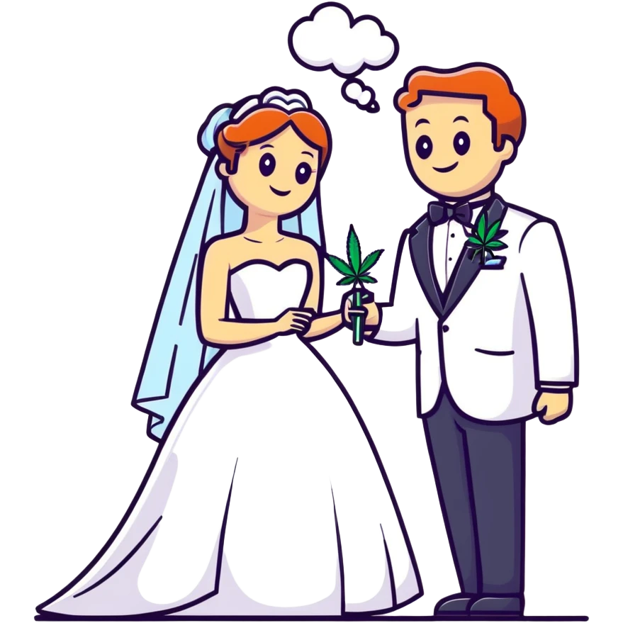 Bride in white dress and groom in tuxedo sharing a cannabis joint, cheerful cartoon wedding couple with festive colorful background emoji