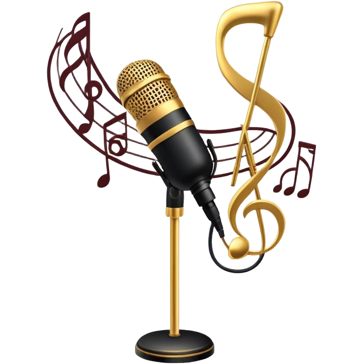 Create a sophisticated and smooth emoji representing jazz vocal performance. The design should feature a stylized microphone, with musical notes swirling around it to convey the fluid, improvisational nature of jazz. Add subtle elements like a vintage microphone stand or a hint of a singer’s silhouette in the background to reflect the live, intimate feel of jazz performance. Use deep, rich colors like gold, black, and burgundy to evoke the classic, smooth vibes of jazz. The background should be transparent. emoji