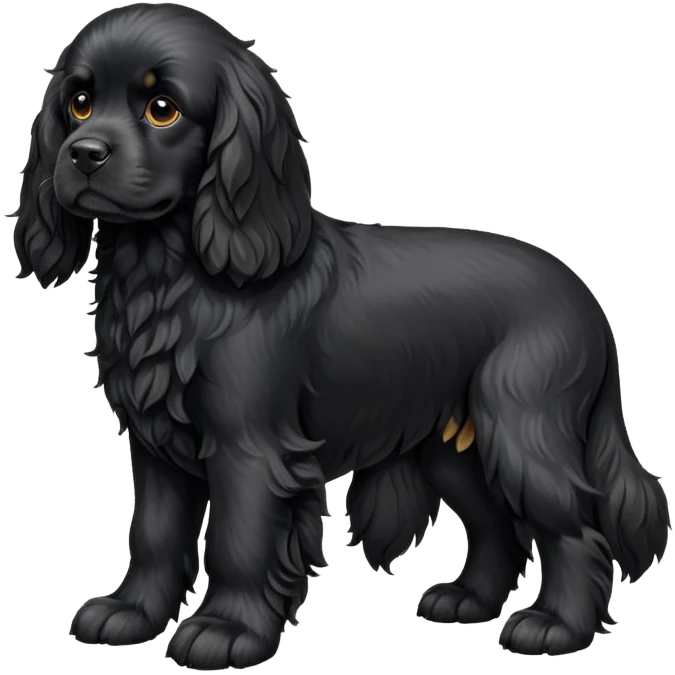 cinematic-[black cocker spaniel dog]-realistic-full-body-sitting-emoji,-tail-resting-loosely-beside-its-paws,-head-tilted-dramatically,-scruffy-[solid black]-fur,-simplified-yet-realistic-focused-features,-highly-detailed,-glowing-with-an-almost-sarcastic-glow emoji