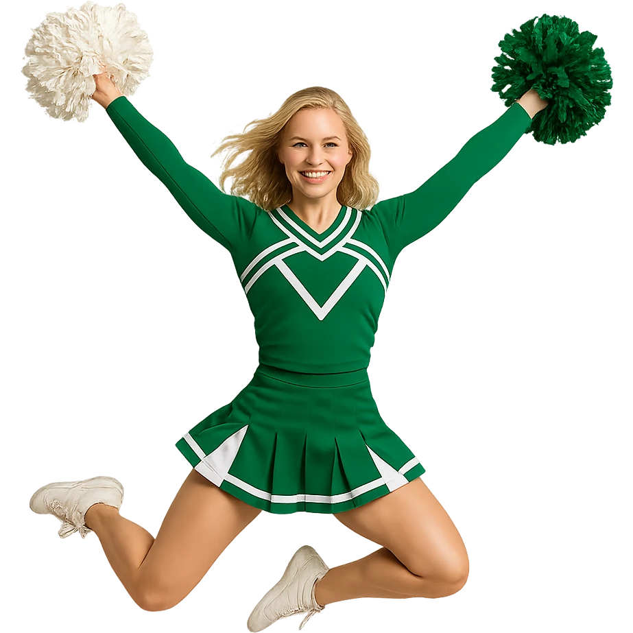 competitive cheerleader, blonde hair, Kelly green and white uniform, jumping with pom-poms, confident and athletic emoji