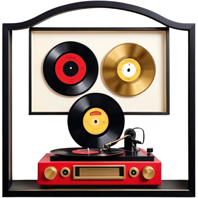 Icon for Vinyl Record Collecting: large black, golden and red vinyl records in decorative packaging featuring artist images, neatly arranged on a wall or shelf, modern vinyl record player. The icon should reflect the aesthetic and artistic aspect of collecting vinyl records. Transparent background. emoji