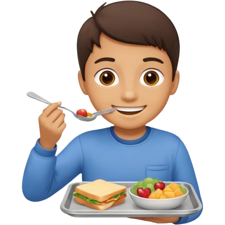 middle school student eating lunch, tray with food, smiling emoji