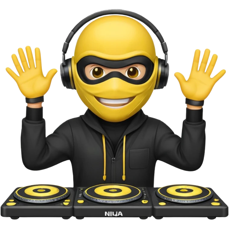 Make a customized yellow head emoji with hands and holding a dj turn table  in a  ninja face mask emoji