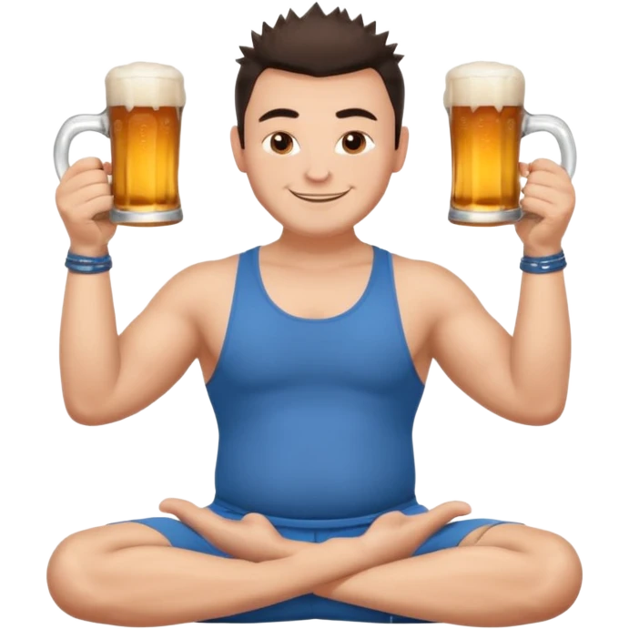 big slavic guy sitting in yoga pose, spiky short dark hair, holding beer mugs in two hands emoji