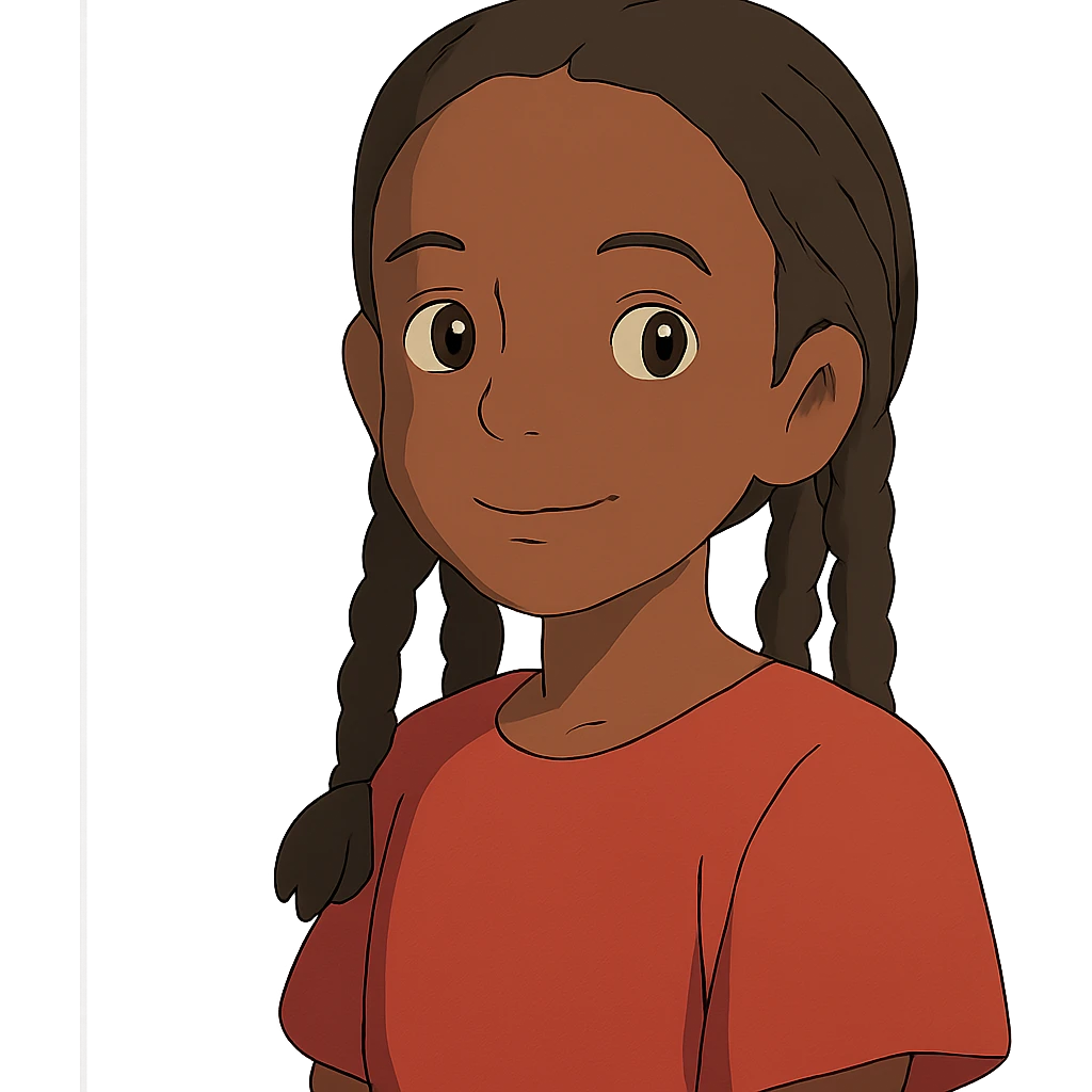 ghibli style dark skin girl with braids and red shirt emoji