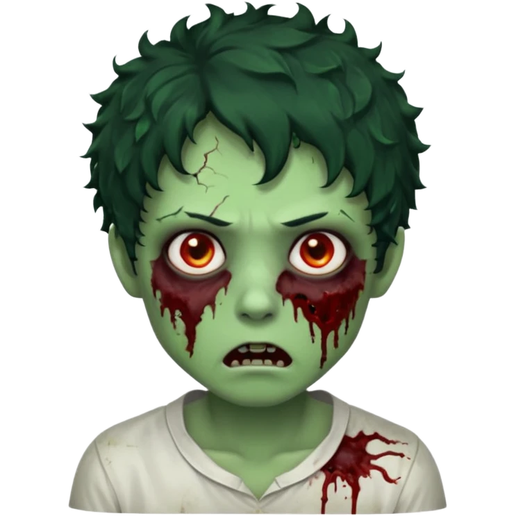 zombie character with green skin, messy short curly black hair, and no glasses. Give him large expressive eyes, a slightly frightened or eerie expression, subtle wounds, dark under-eye shadows, and a few cracks or dried blood marks on the face.  white shirt and no bleeding eyes **BLACK HAIR** emoji