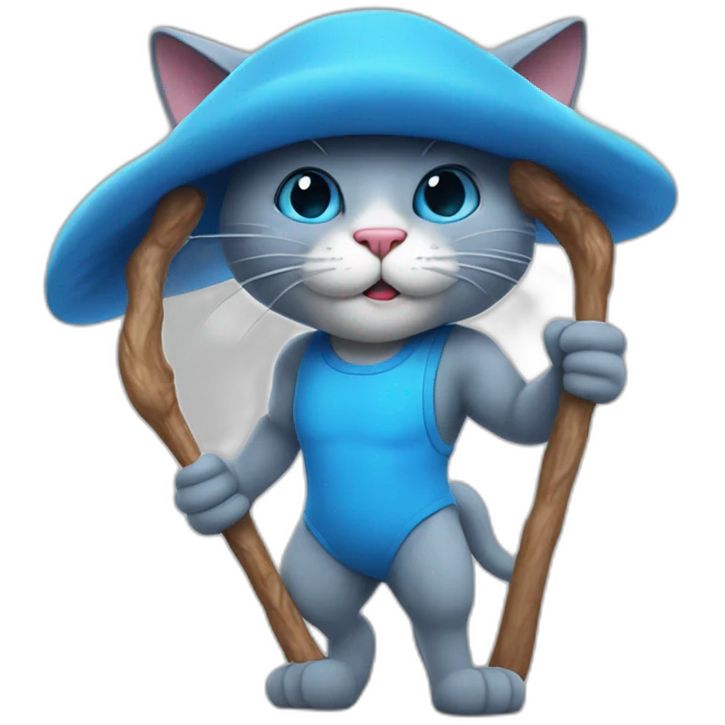 Strong muscles Blue cat NO ears  wearing a mushroom cap carrying a stick in one arm standing on two legs with pants emoji