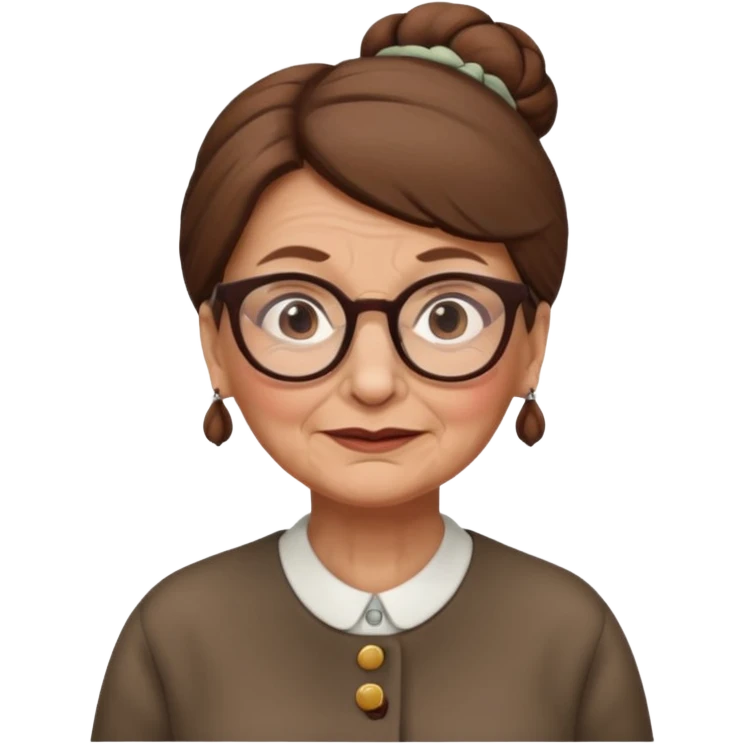 Old woman with brown hair one bun and glasses, white European emoji