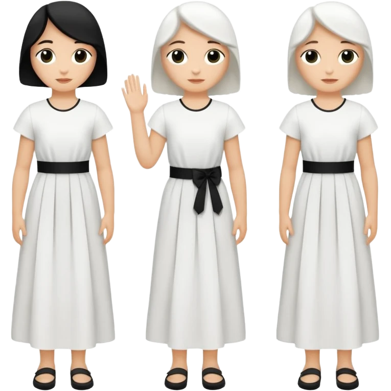 vull un perosnatge estil bimoji que sigui com una nimfa bella i fantasmal amb túniques blanques. Té la pell literalments blanca com el guix, cabell platejat, un nas llarg, ulls negres grans i llavis carmesí. que estigui somrient sense arrecades i roba vermella i blanca emoji