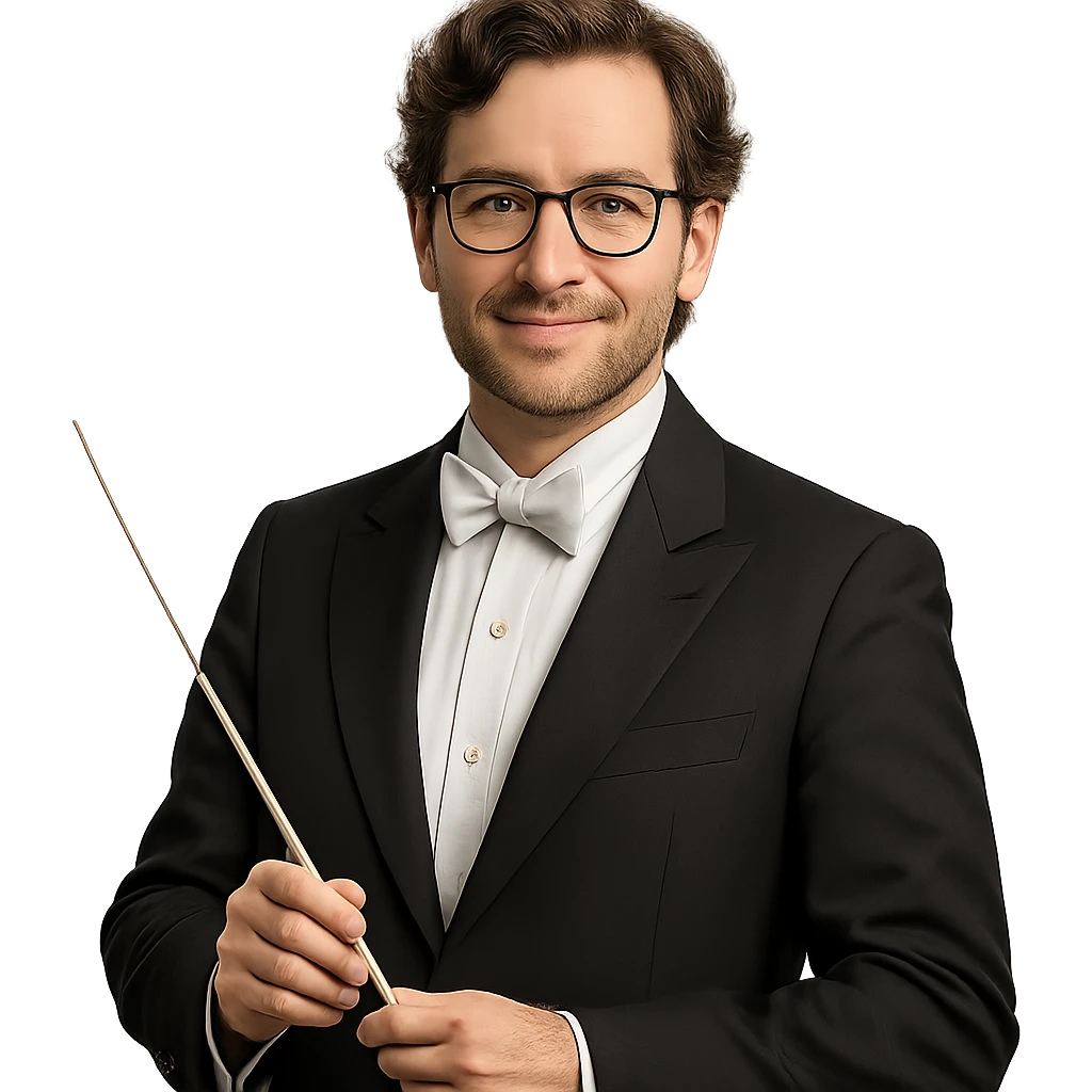 elegant 35-year-old maestro with glasses, formal attire, kind expression emoji