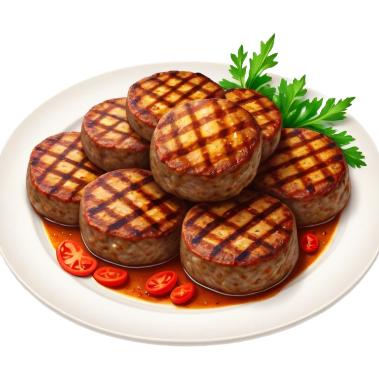 Cinematic Realistic image of Turkish Köfte, presented as perfectly formed, spiced meat patties with detailed textures and subtle grill marks, arranged artfully on a simple plate and illuminated by warm, appetizing lighting that accentuates their savory appeal. emoji